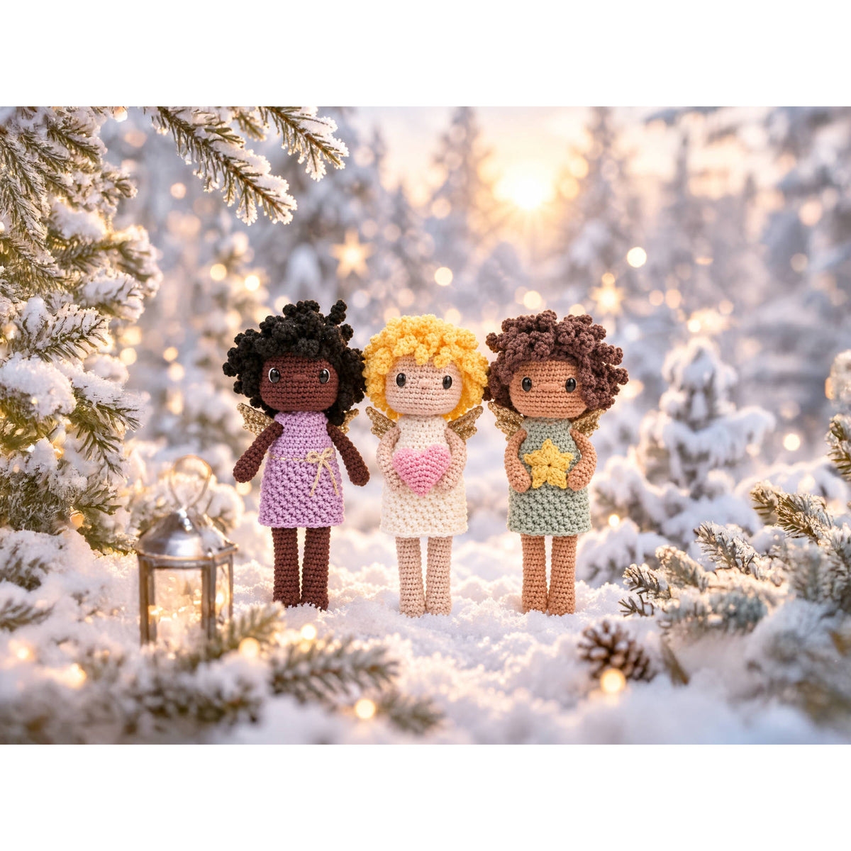 De gehaakte engeltjes Bow, Heart en Star samen in een winterlandschap