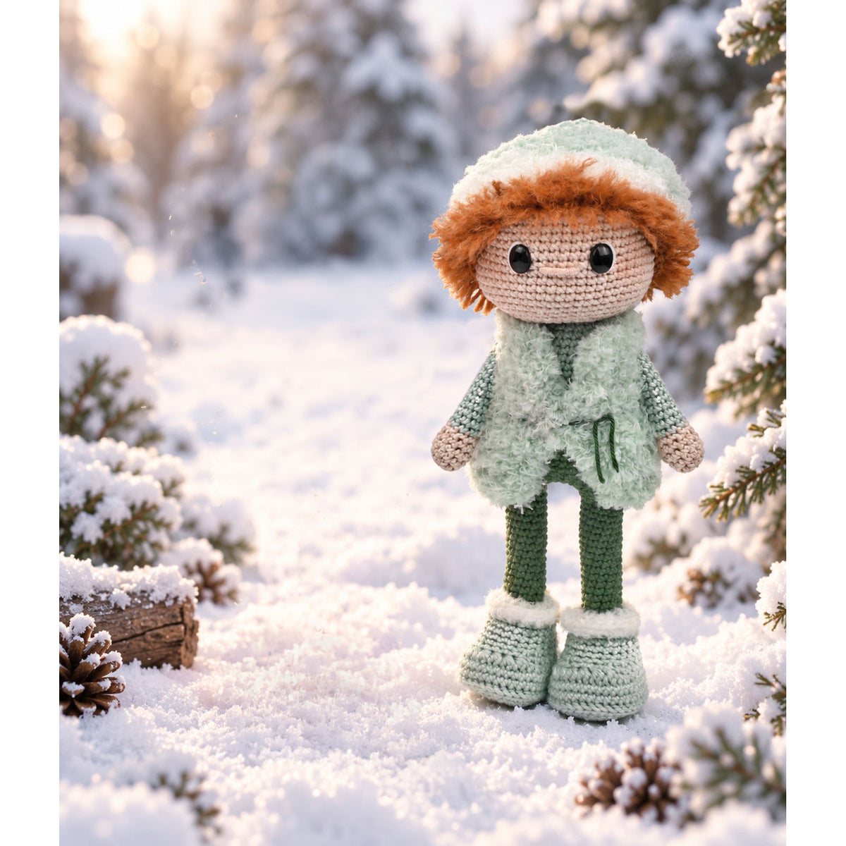 Winterjongen Wesley met groene winterkleding in een besneeuwd landschap