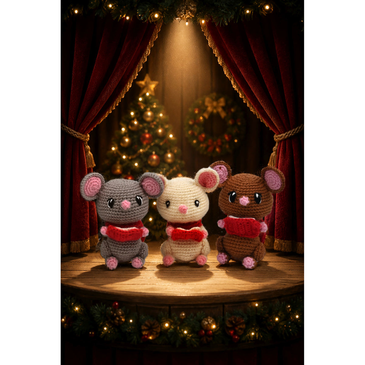 Drie gehaakte kerstmuizen zingen op een kerstpodium met versierde boom