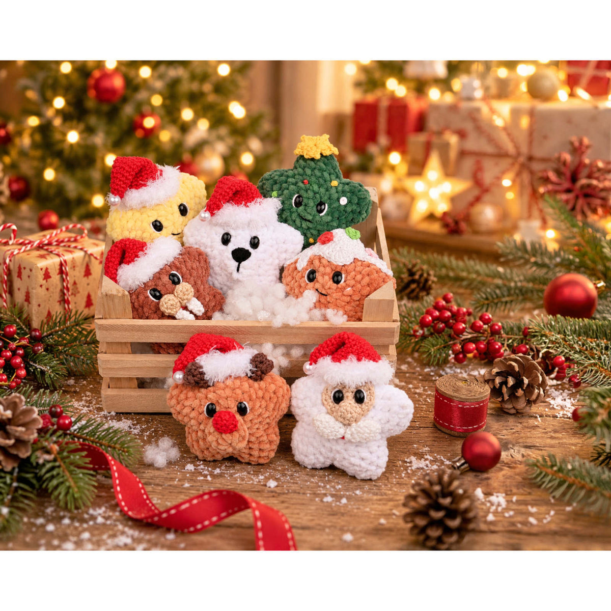 Groep gehaakte Lucky Stars in een houten krat tussen kerstdecoratie