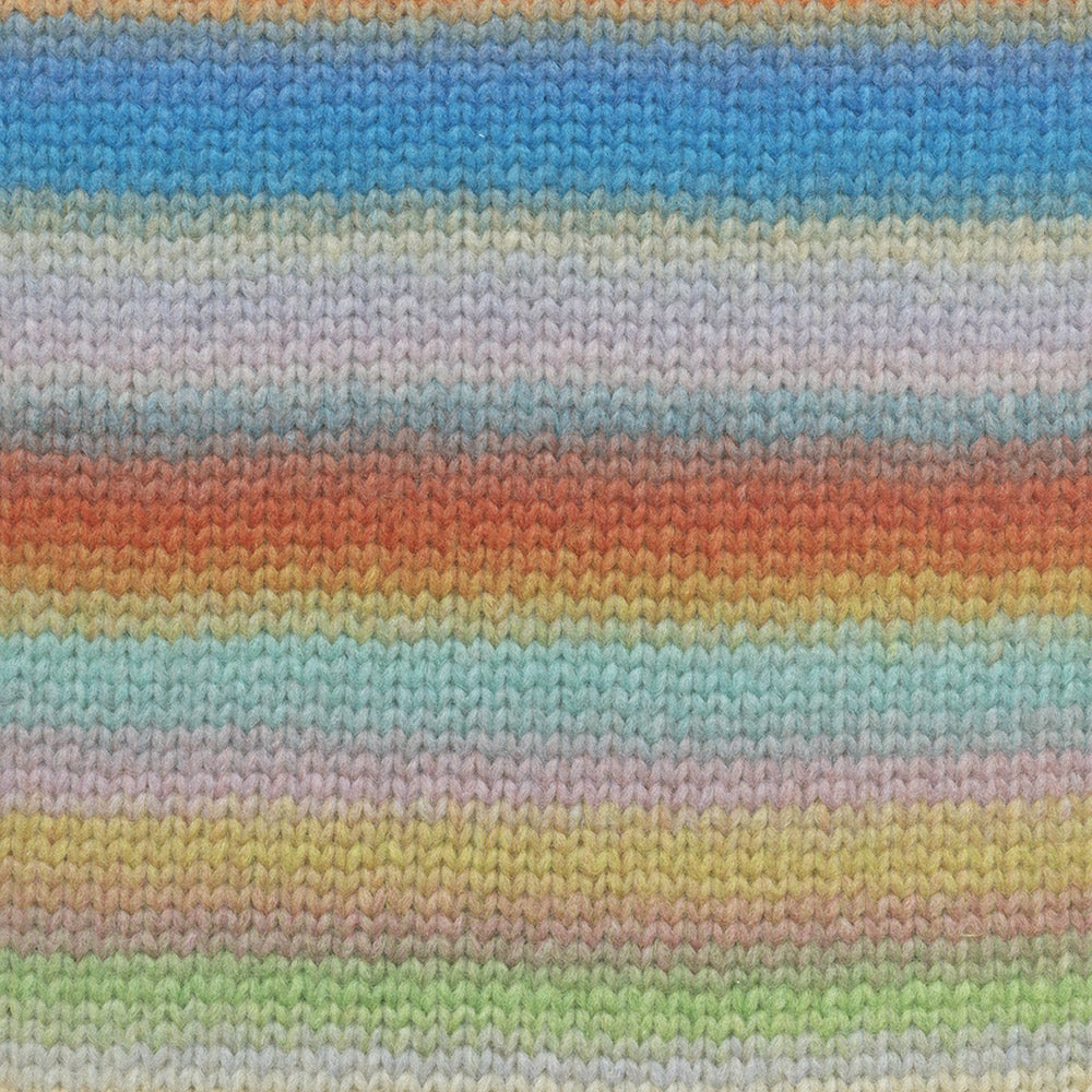 Lang Yarns Cloud 0021 Blauw/Oranje/Groen/Roze - gebreide kleurstaal met het kleurverloop