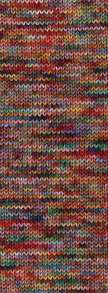 Lana Grossa Meilenweit 100 Sooty 6231 Rood/Licht-/Donkerrood/Jade/Oranje/Geel/Donkerblauw/-groen - voorbeeld van het kleurverloop in gebreide steken