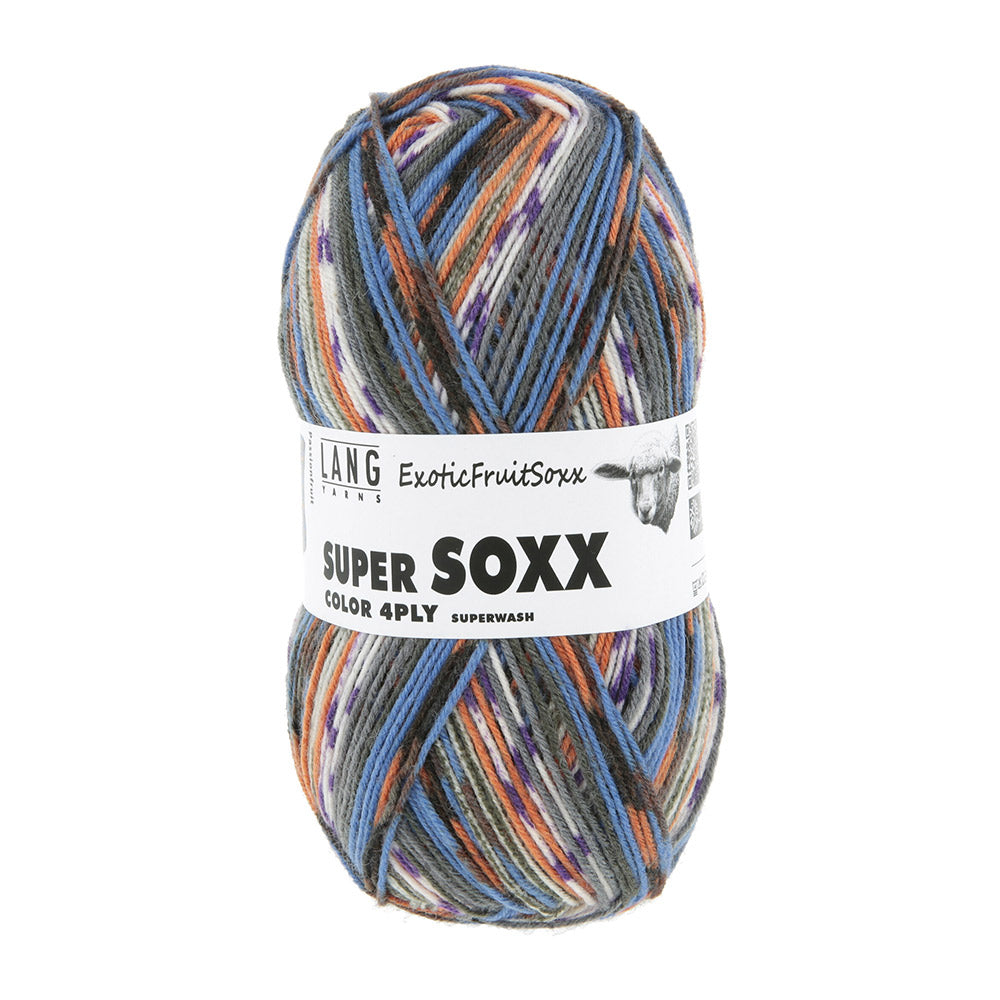Lang Yarns Super Soxx Color 4-Fach 567 Blauw/Oranje 1153 Passievrucht - bol sokkengaren met wikkel
