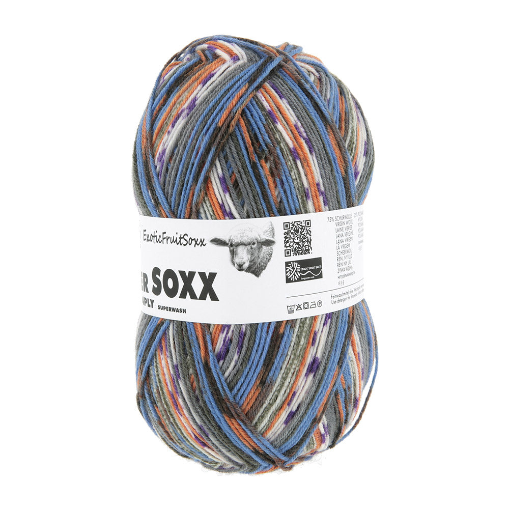 Lang Yarns Super Soxx Color 4-Fach 567 Blauw/Oranje 1153 Passievrucht - gebreide sokken met zelfstrepend kleurpatroon