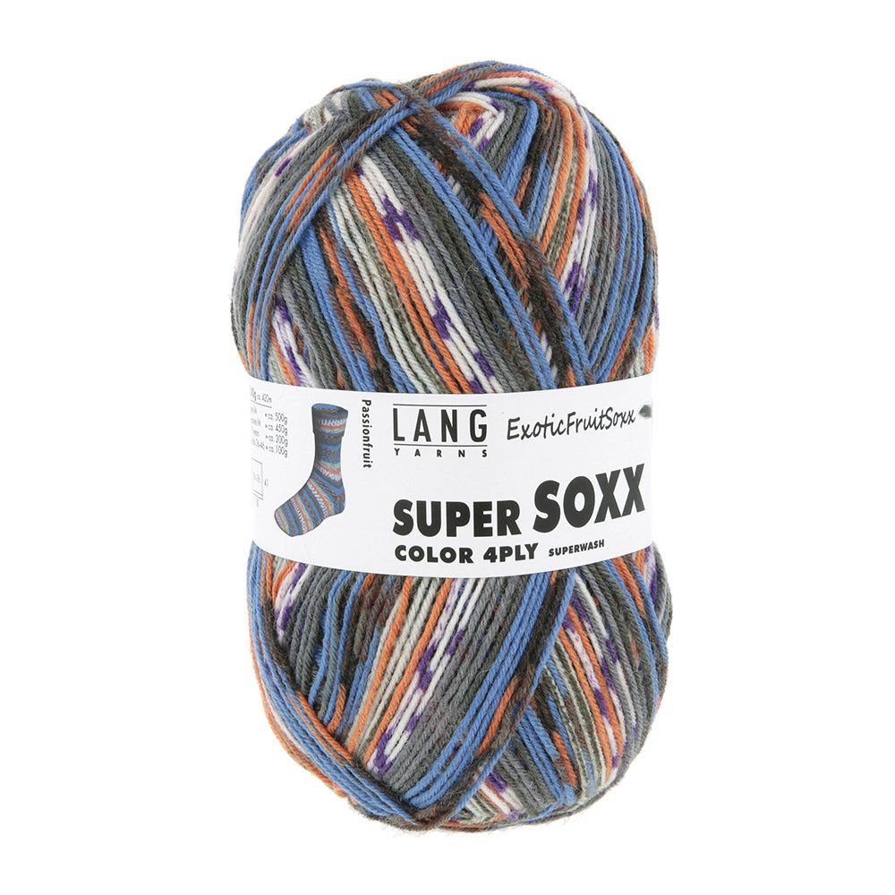Lang Yarns Super Soxx Color 4-Fach 567 Blauw/Oranje 1153 Passievrucht - gebreide trui in het zelfstrepende kleurverloop