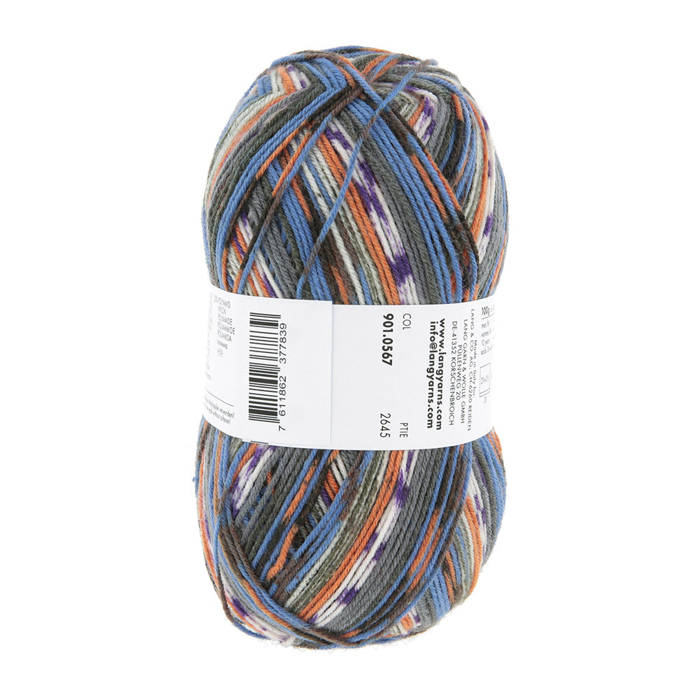 Lang Yarns Super Soxx Color 4-Fach 567 Blauw/Oranje 1153 Passievrucht - gebreide sjaal in het zelfstrepende kleurverloop