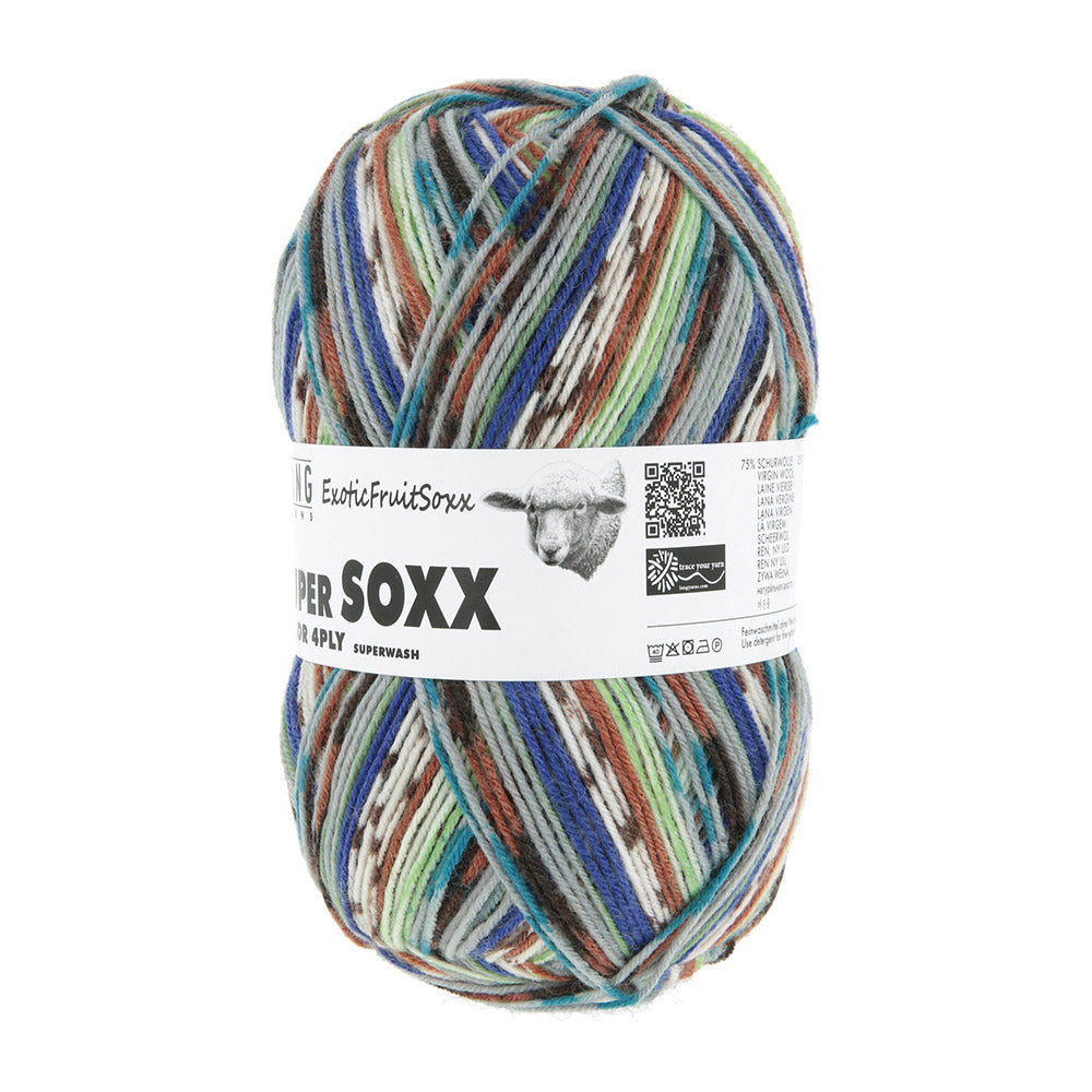 Lang Yarns Super Soxx Color 4-Fach 569 Bruin/Blauw/Grijs 1153 Cherimoya - gebreide sokken met zelfstrepend kleurpatroon
