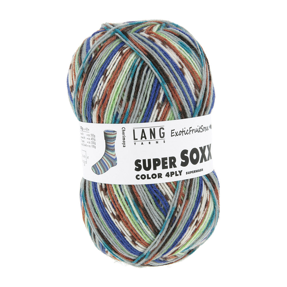 Lang Yarns Super Soxx Color 4-Fach 569 Bruin/Blauw/Grijs 1153 Cherimoya - gebreide trui in het zelfstrepende kleurverloop