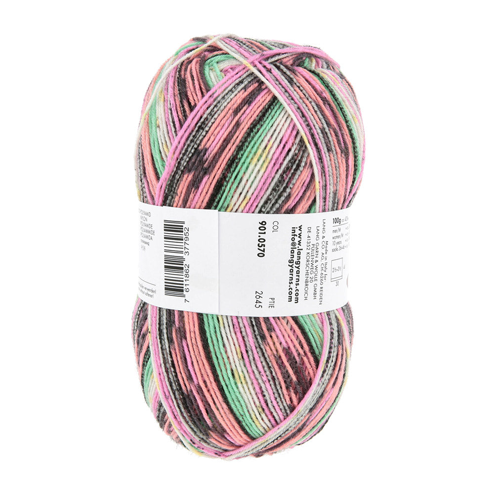 Lang Yarns Super Soxx Color 4-Fach 570 Roze/Zalm/Groen 1153 Drakenfruit - gebreide sjaal in het zelfstrepende kleurverloop