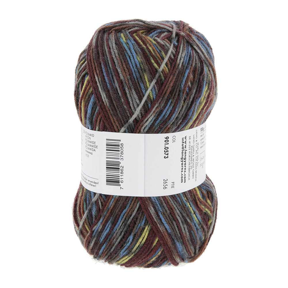 Lang Yarns Super Soxx Color 4-Fach 573 Blauw/Geel 1154 Lewis - gebreide sjaal in het zelfstrepende kleurverloop