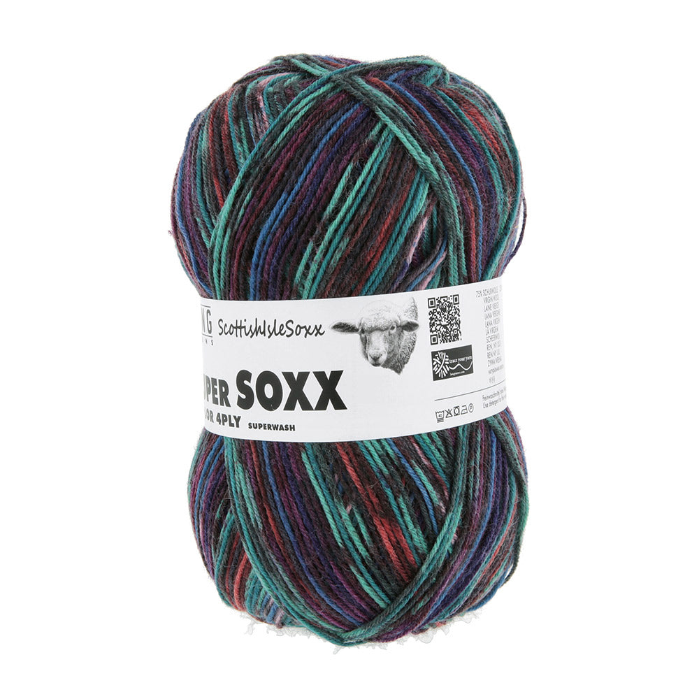 Lang Yarns Super Soxx Color 4-Fach 575 Turquoise/Blauw/Oranje 1154 Skye - gebreide sokken met zelfstrepend kleurpatroon