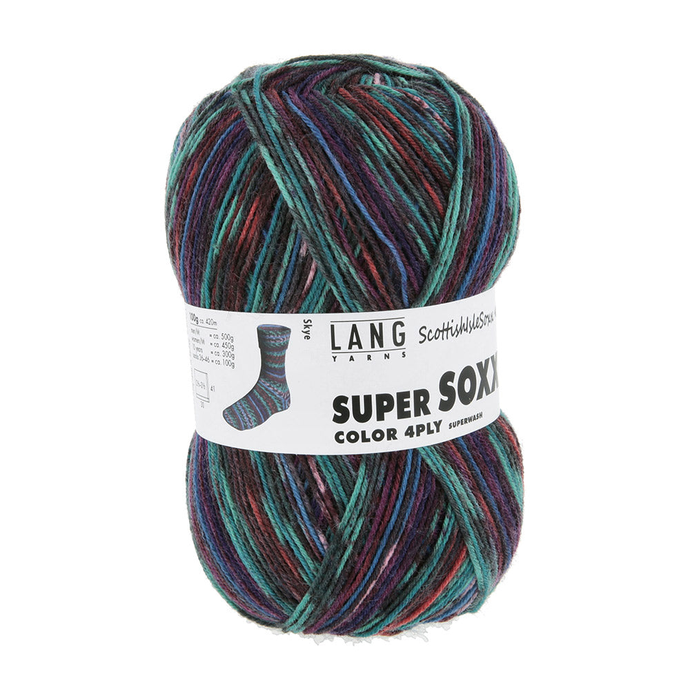 Lang Yarns Super Soxx Color 4-Fach 575 Turquoise/Blauw/Oranje 1154 Skye - gebreide trui in het zelfstrepende kleurverloop