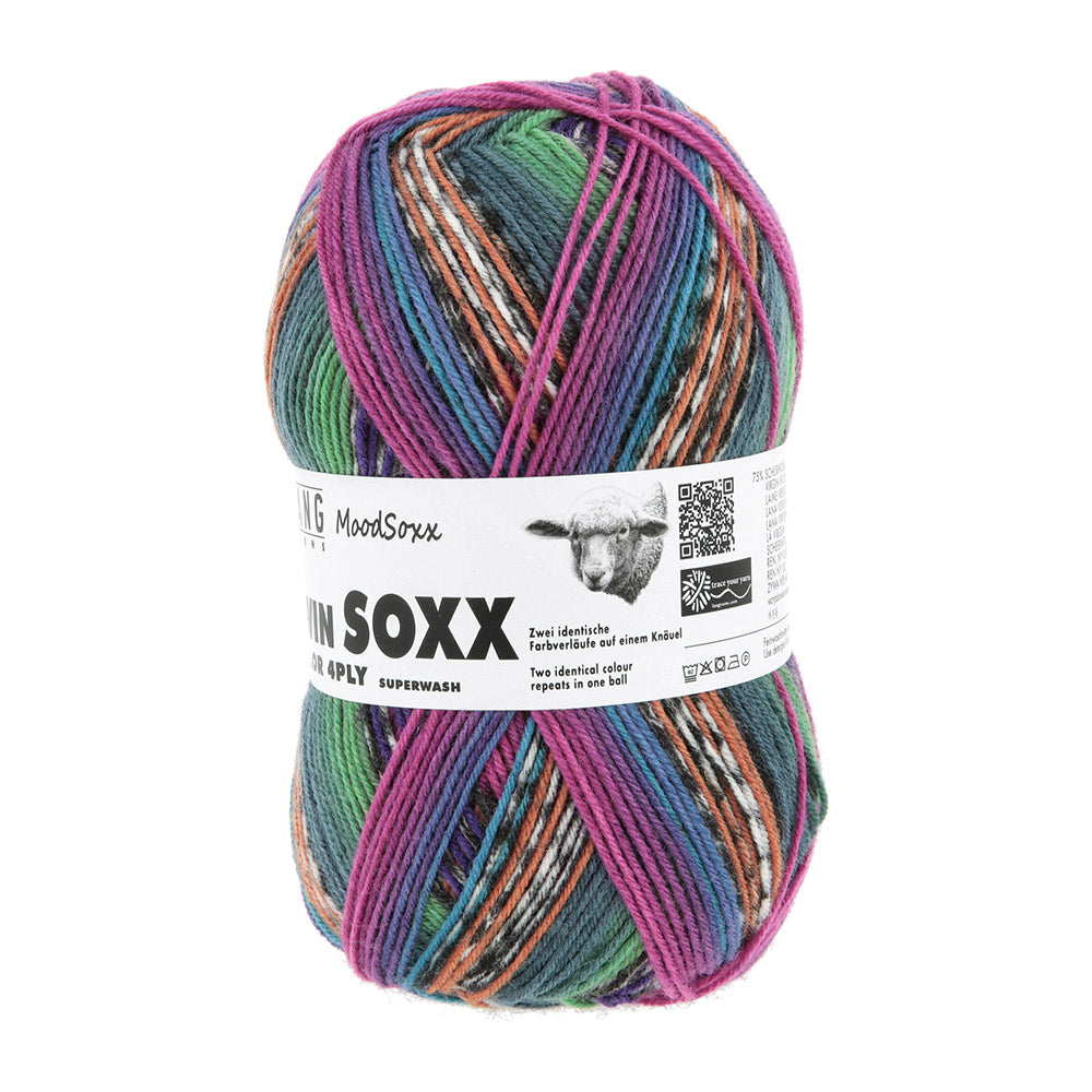 Lang Yarns Twin Soxx 4-Fach 584 Mint/Violet/Blauw/Oranje 1156 Proud - bol sokkengaren vanuit tweede hoek