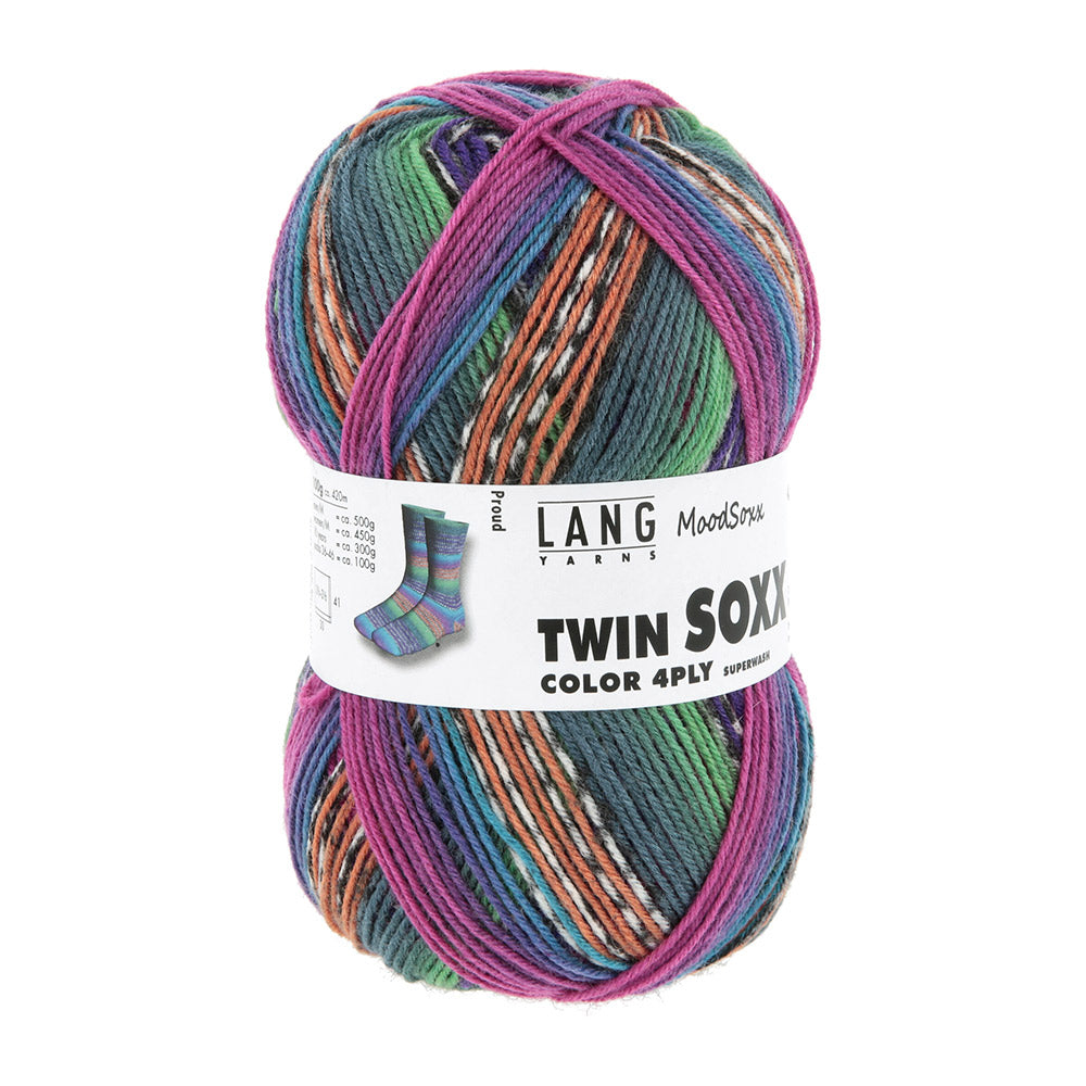 Lang Yarns Twin Soxx 4-Fach 584 Mint/Violet/Blauw/Oranje 1156 Proud - bol sokkengaren vanuit derde hoek