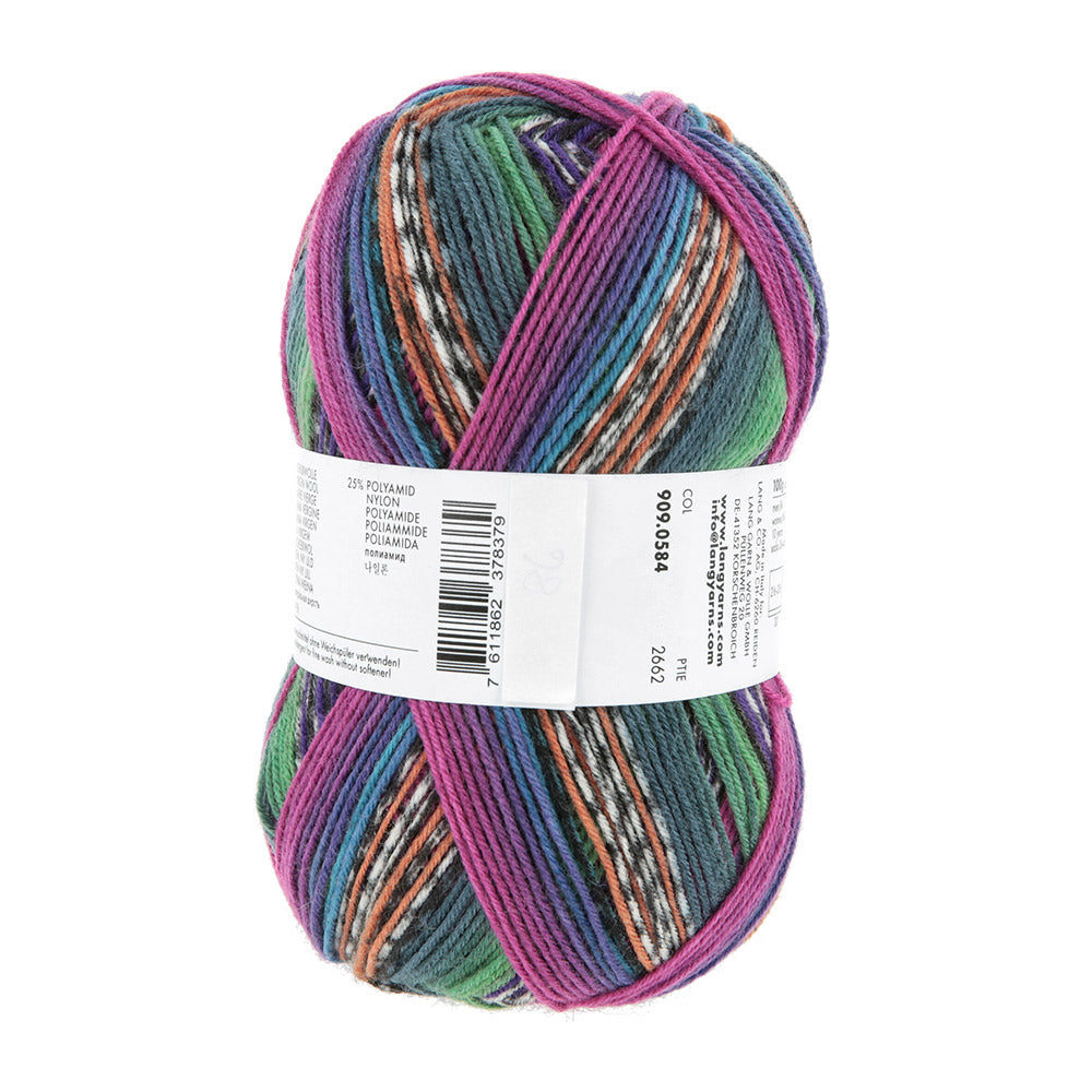 Lang Yarns Twin Soxx 4-Fach 584 Mint/Violet/Blauw/Oranje 1156 Proud - bol sokkengaren vanuit vierde hoek