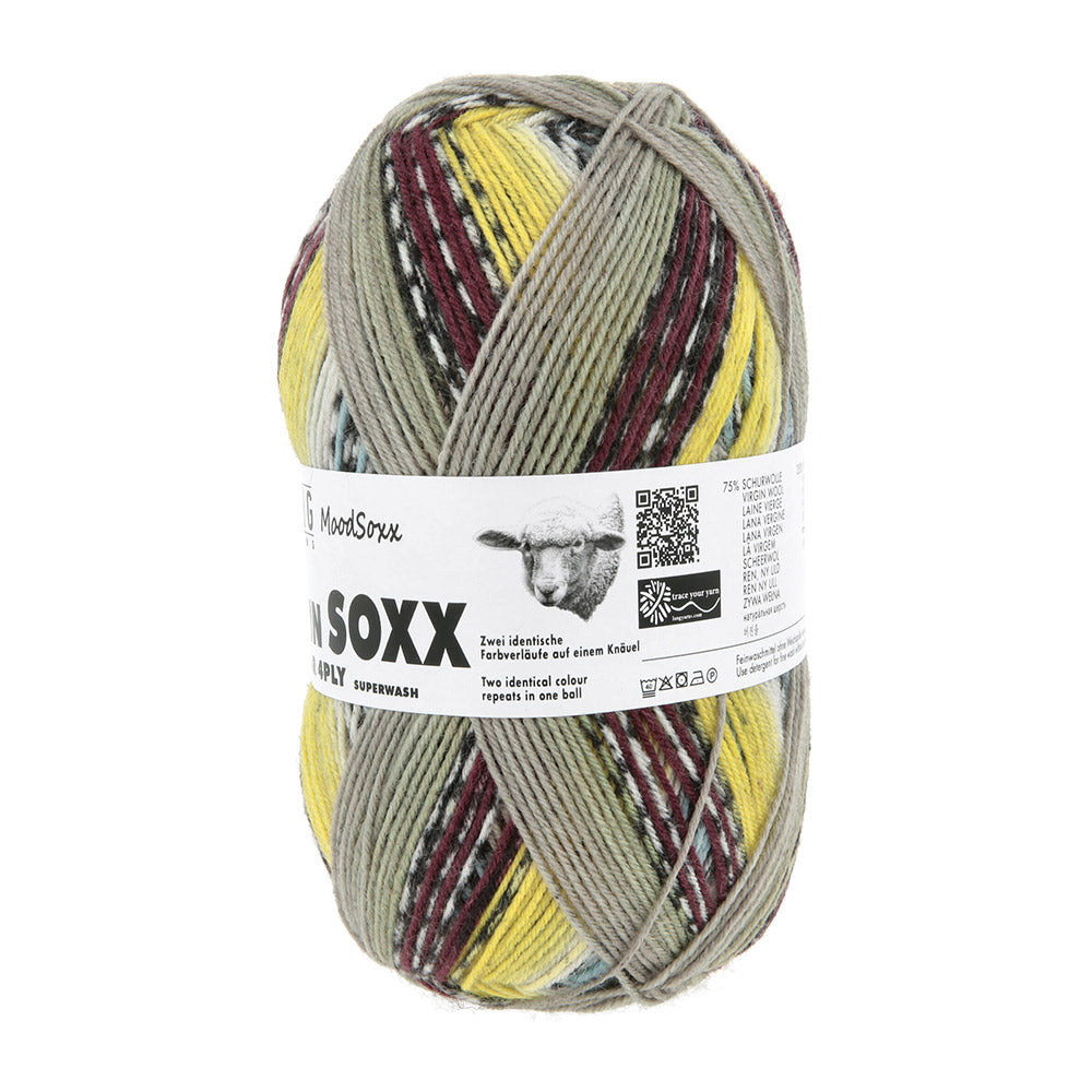 Lang Yarns Twin Soxx 4-Fach 585 Geel/Bruin/Lichtblauw 1156 Excited - bol sokkengaren vanuit derde hoek
