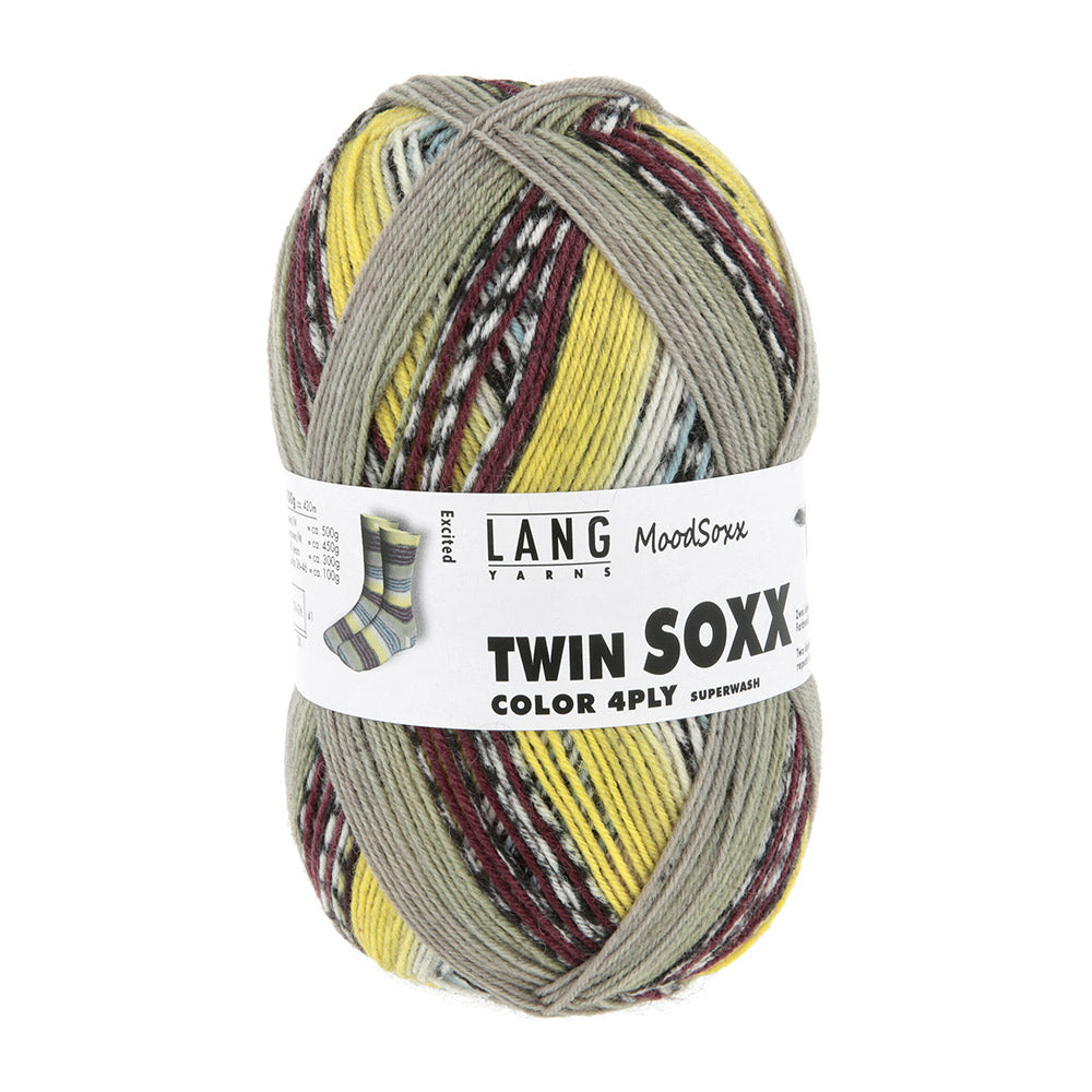 Lang Yarns Twin Soxx 4-Fach 585 Geel/Bruin/Lichtblauw 1156 Excited - bol sokkengaren vanuit tweede hoek