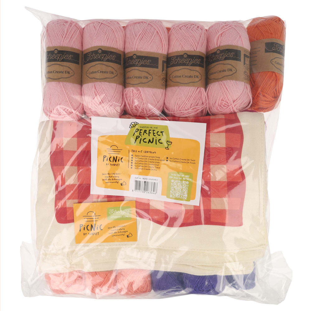 Scheepjes The Perfect Picnic CAL2026 kit Cotton Create DK - Sunset - inhoud van de CAL kit met garen en Perfect Picnic tote bag
