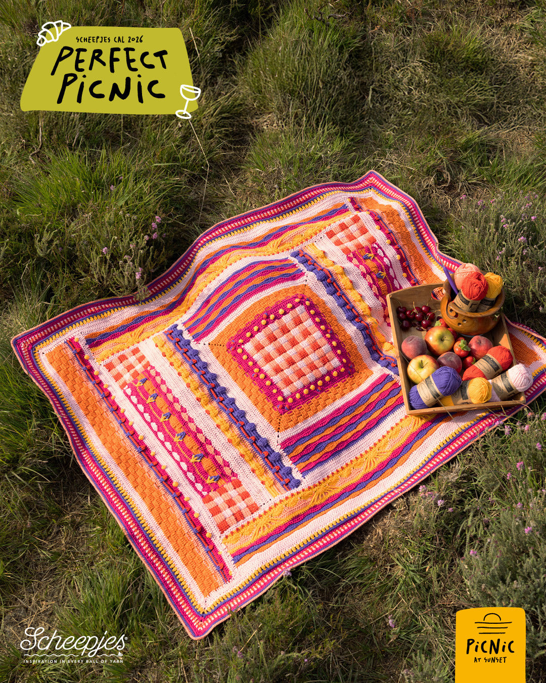 Scheepjes The Perfect Picnic CAL2026 kit Cotton Create DK - Sunset - gehaakte Perfect Picnic deken in kleurenpalet Picnic at Sunset op een sfeervolle picknicklocatie