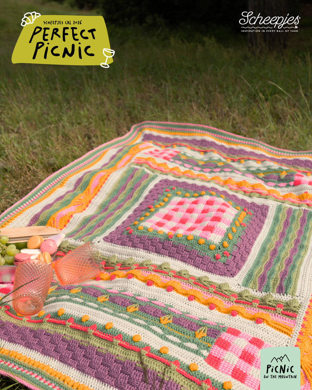 Scheepjes The Perfect Picnic CAL2026 kit Colour Crafter - Mountain - gehaakte Perfect Picnic deken in kleurenpalet Picnic On The Mountain op een sfeervolle picknicklocatie