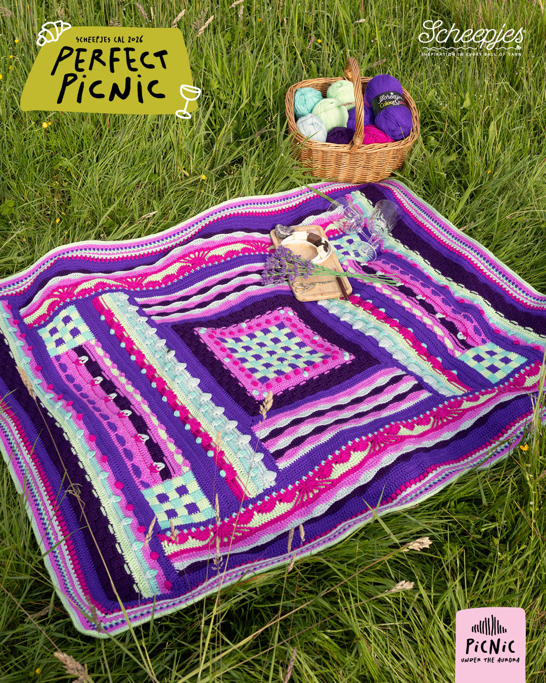 Scheepjes The Perfect Picnic CAL2026 kit Colour Crafter - Aurora - gehaakte Perfect Picnic deken in kleurenpalet Picnic Under The Aurora op een sfeervolle picknicklocatie
