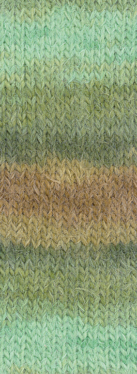 Lana Grossa Basta Mista 120 Jade/Grijs-/Resedagroen/Camel/Taupe - detailfoto van de zachte pluizige garenstructuur