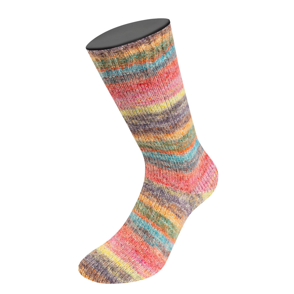 Lana Grossa Cosy Socks Dream 253 Grijsbruin / Taupe / Geel / Camel / Roze / Terracotta / Zalm / Lichtpetrol / Turquoise / Oranje - detailfoto van het kleurverloop en draadstructuur