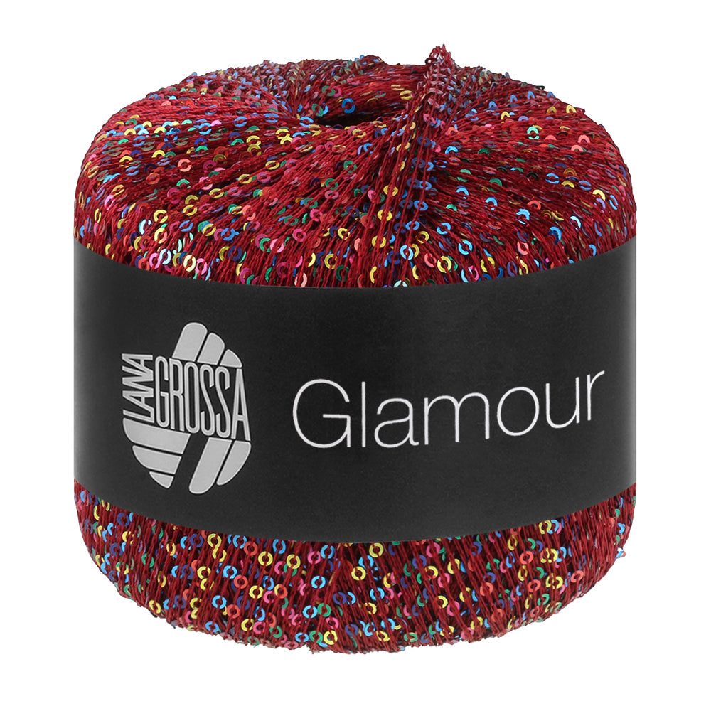 Lana Grossa Glamour 111 Donkerrood bol pailletgaren gefotografeerd tegen een neutrale achtergrond