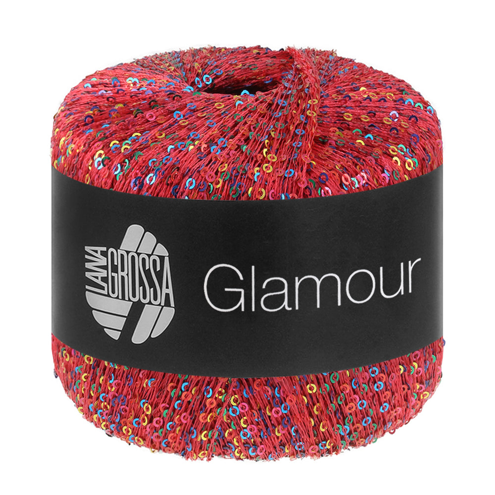 Lana Grossa Glamour 112 Lichtrood bol pailletgaren gefotografeerd tegen een neutrale achtergrond