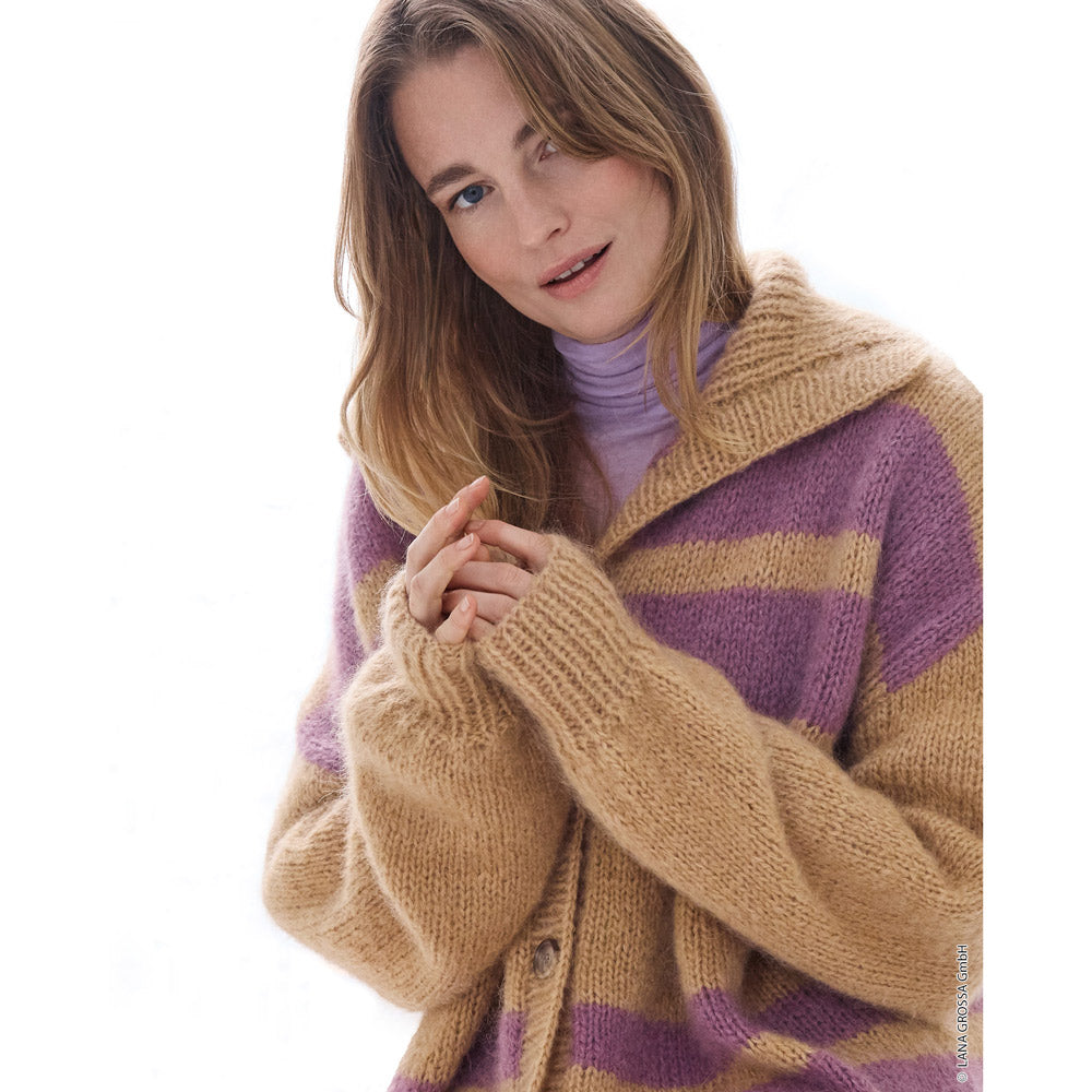 Lana Grossa Filati Journal No. 72 model 17 - camel en lila gestreept vest, detail en pasvorm
