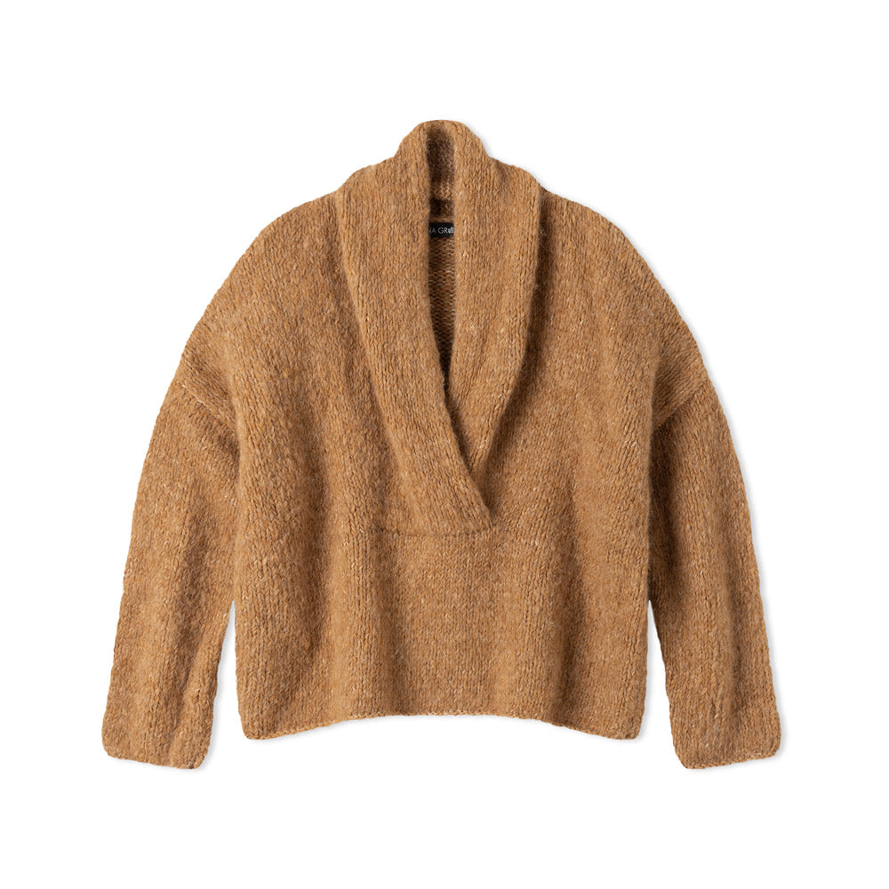 Lana Grossa Filati Journal No. 72 model 20 - camel vest met brede sjaalkraag, vrijstaand model