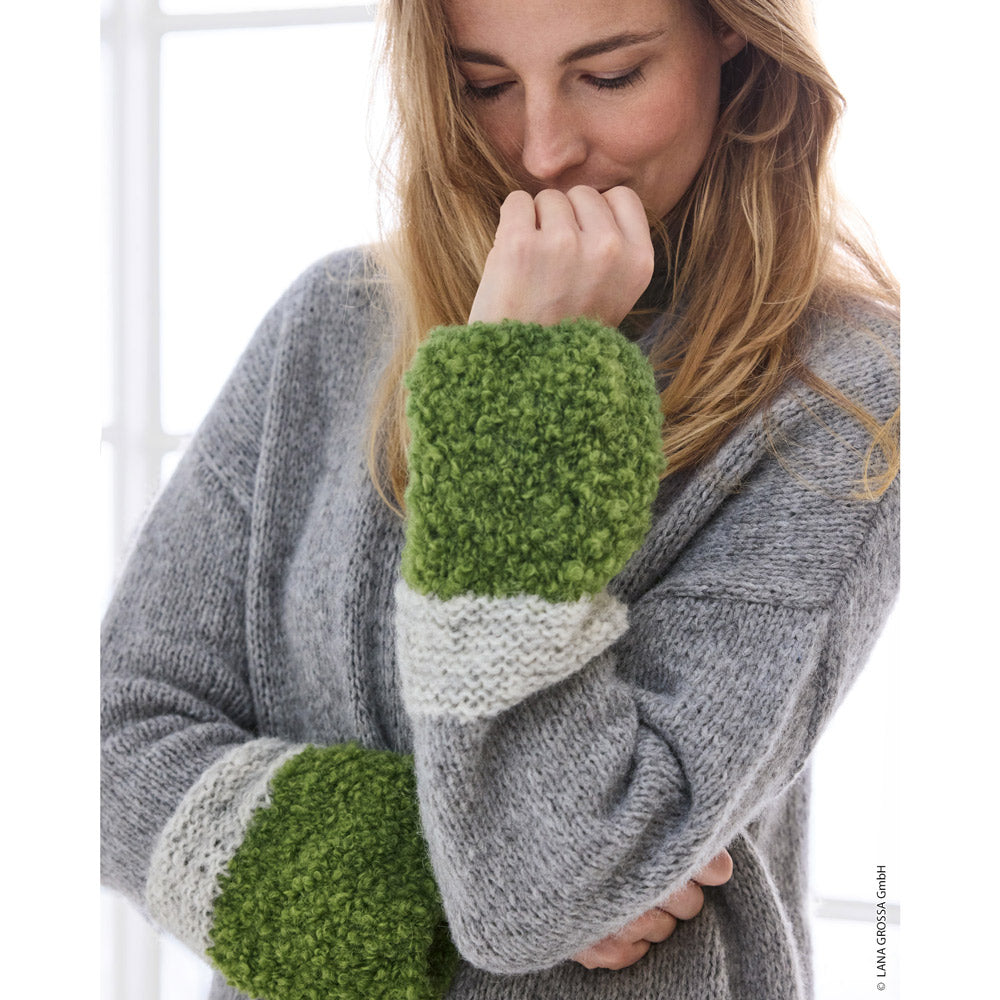 Lana Grossa Filati Journal No. 72 model 23 - lang grijs-groen gestreept vest, detail en pasvorm