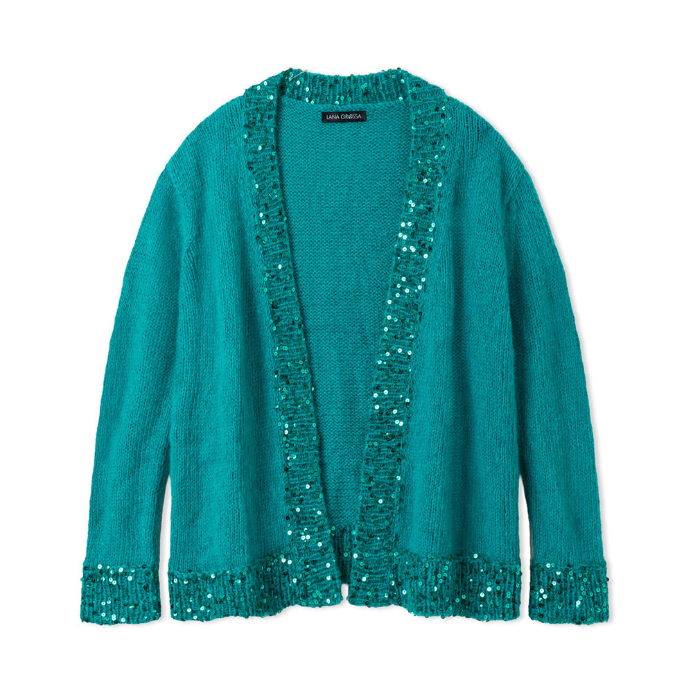 Lana Grossa Filati Journal No. 72 model 26 - turquoise vest met glanzende details, vrijstaand model