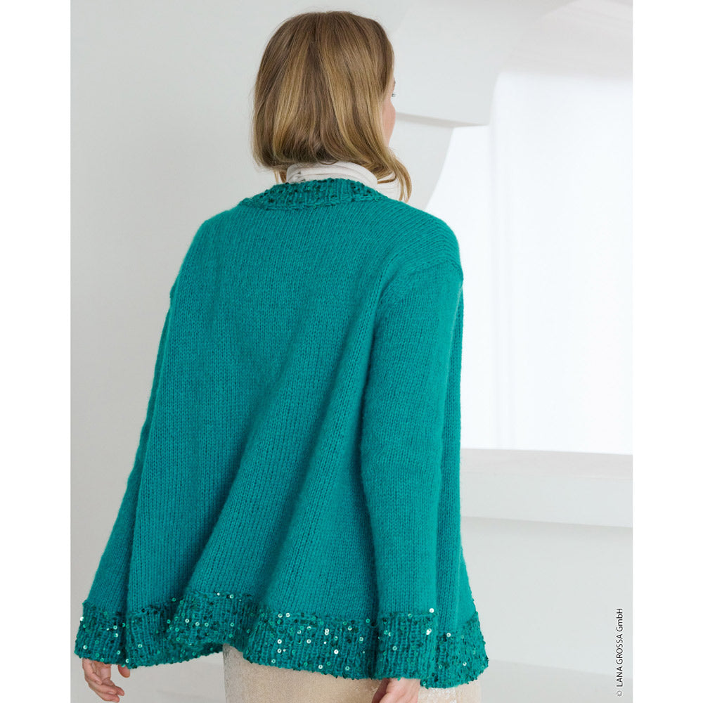 Lana Grossa Filati Journal No. 72 model 26 - turquoise vest met glanzende details, detail en pasvorm