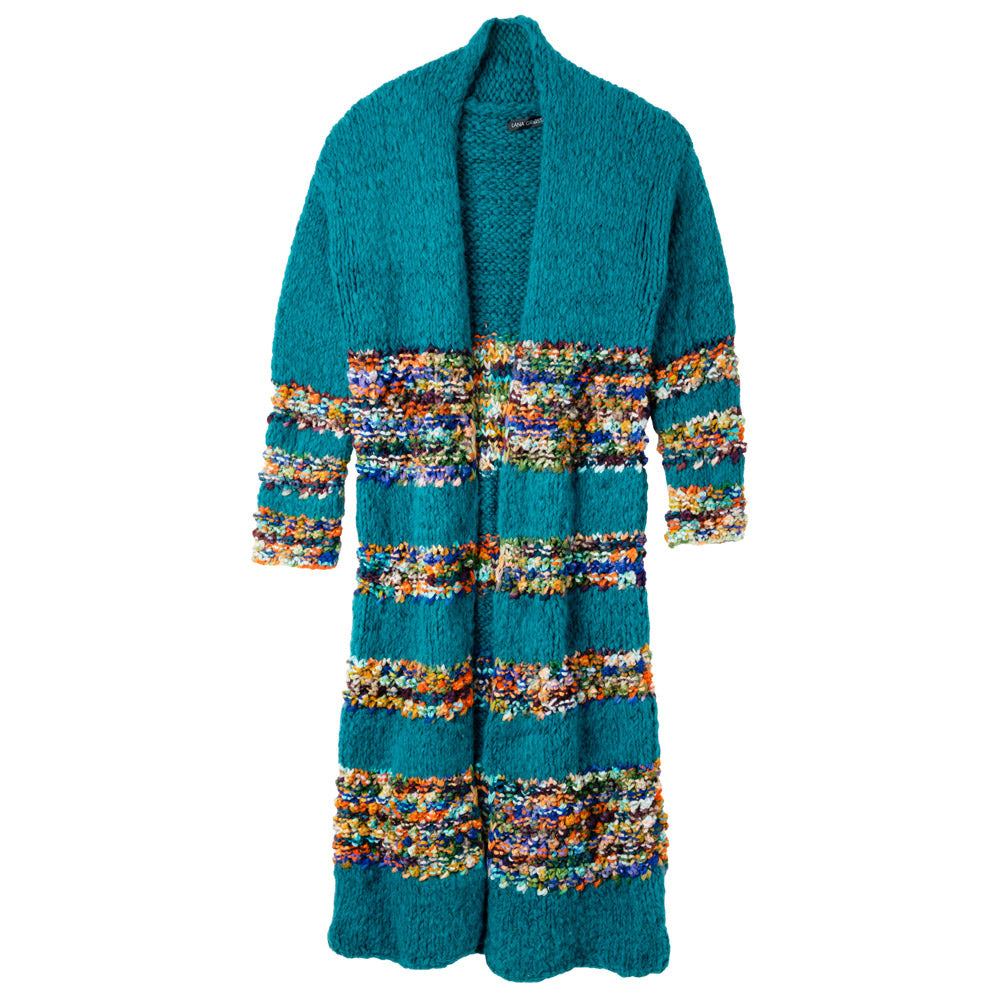 Lana Grossa Filati Journal No. 72 model 46 - lang turquoise vest met multicolor strepen, vrijstaand model
