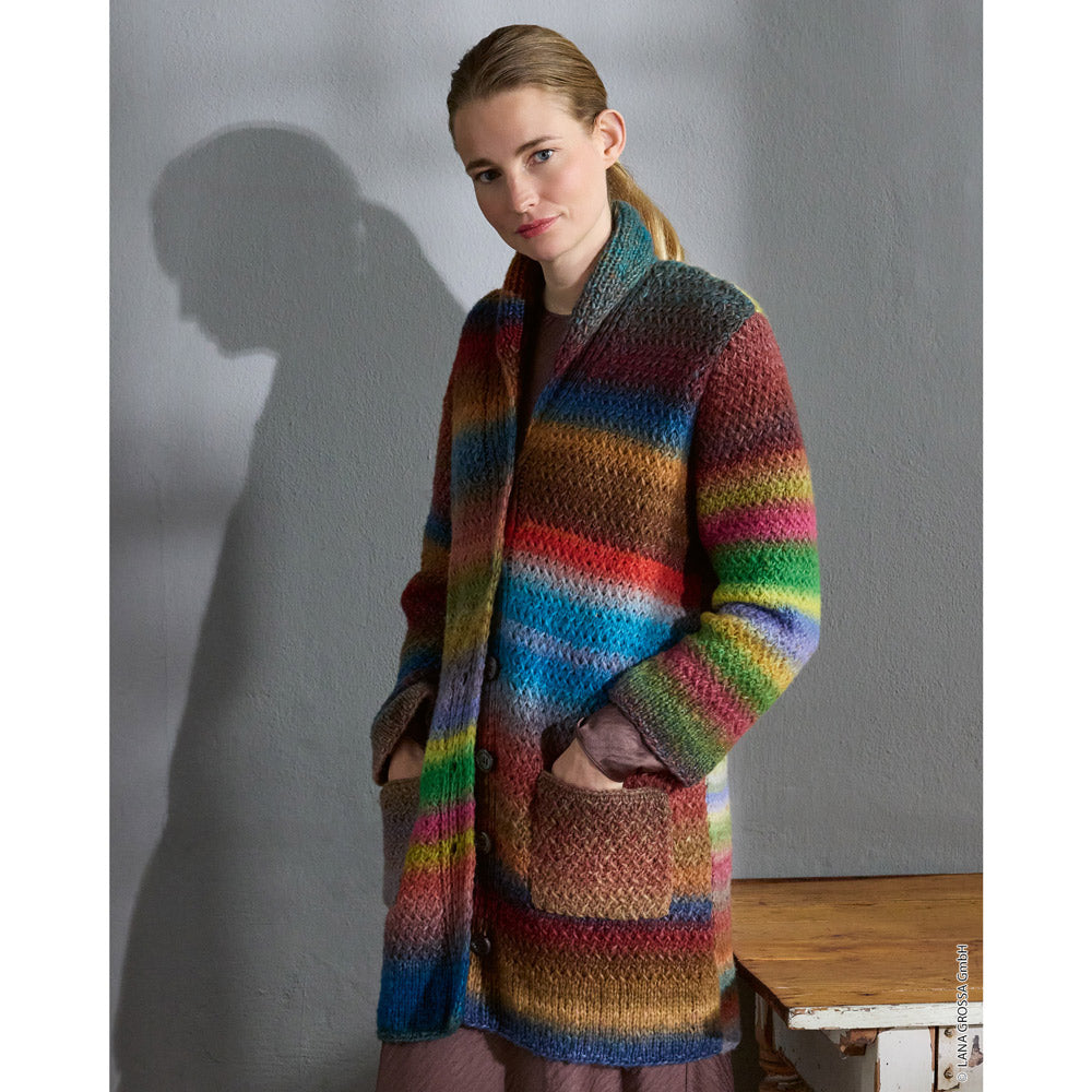 Lana Grossa Filati Journal No. 72 model 53 - lang multicolor gestreept vest, gedragen