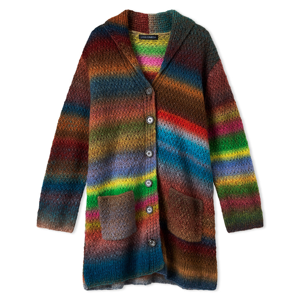 Lana Grossa Filati Journal No. 72 model 53 - lang multicolor gestreept vest, vrijstaand model