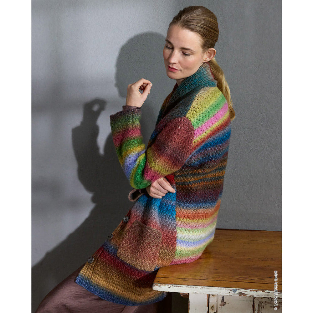 Lana Grossa Filati Journal No. 72 model 53 - lang multicolor gestreept vest, detail en pasvorm