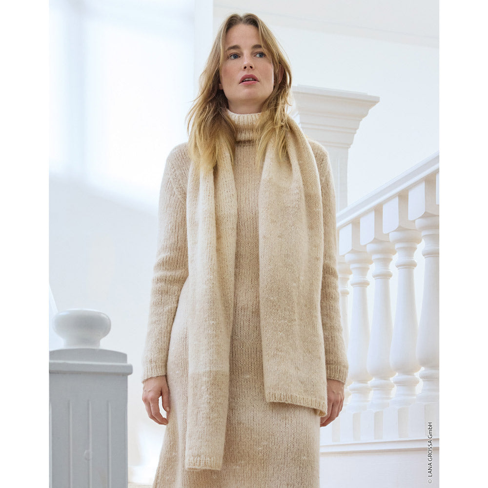 Lana Grossa Filati Journal No. 72 model 7 - lange beige sjaal, detail en pasvorm
