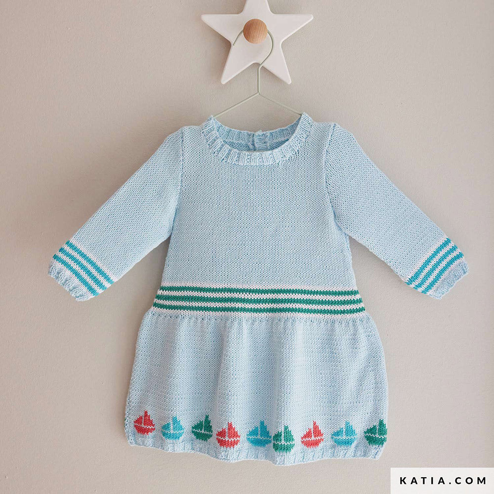 Patroon breien haken baby jurk lente zomer katia — gemaakt met Katia Capri 82208 Perzisch Blauw (2)