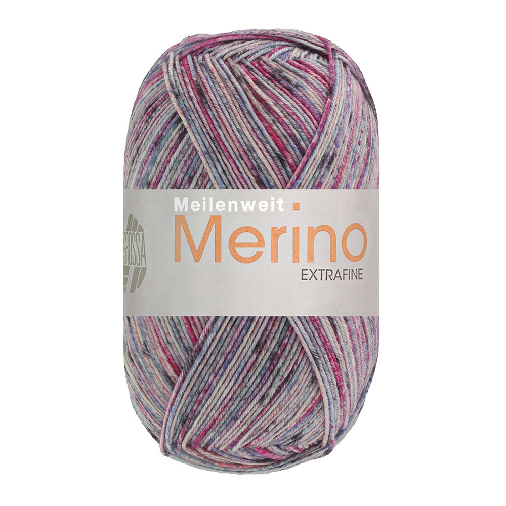 Lana Grossa Meilenweit 100 Merino Extrafine Mountain 7604 Licht-/Donkergrijs/Fuchsia/Roze/Jeansblauw gestreept