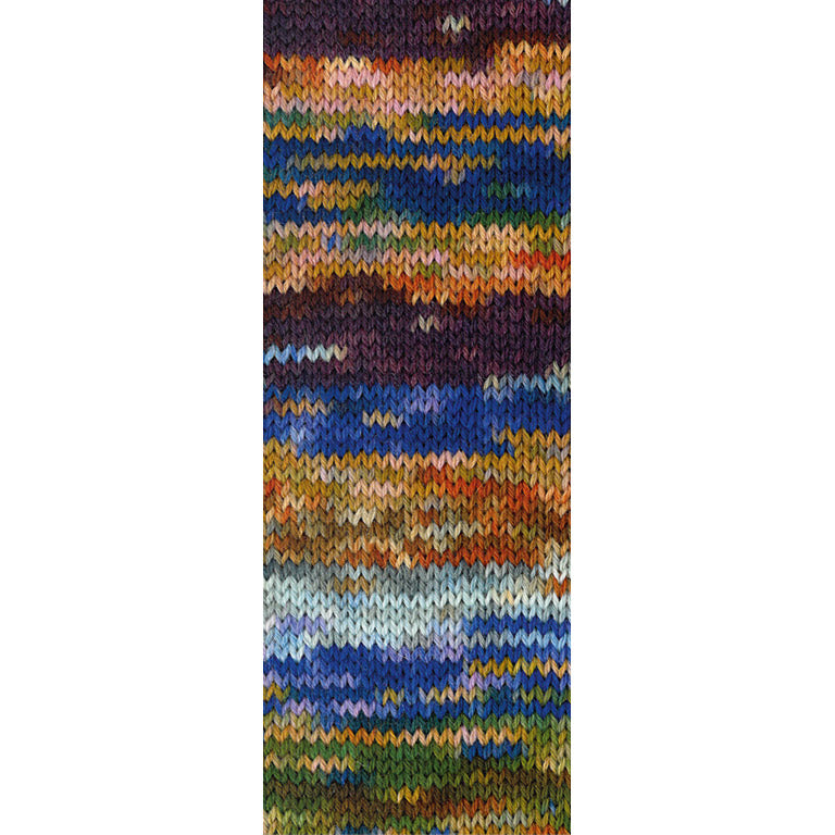 Gebreide proeflap van Lana Grossa Meilenweit 100 Cascata 5201 met zichtbaar kleurverloop in Goud- / Donkerbruin / Mokka / Koningsblauw / Lila / Roze / Roest / Donkergroen / Licht- / Muisgrijs