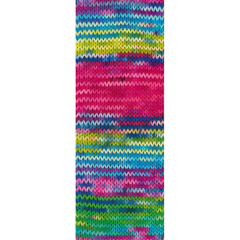 Gebreide proeflap van Lana Grossa Meilenweit 100 Cascata 5202 met zichtbaar kleurverloop in Turquoise / Mint / Limoen / Donkerblauw / Fuchsia / Roze / Groen / Citroengeel