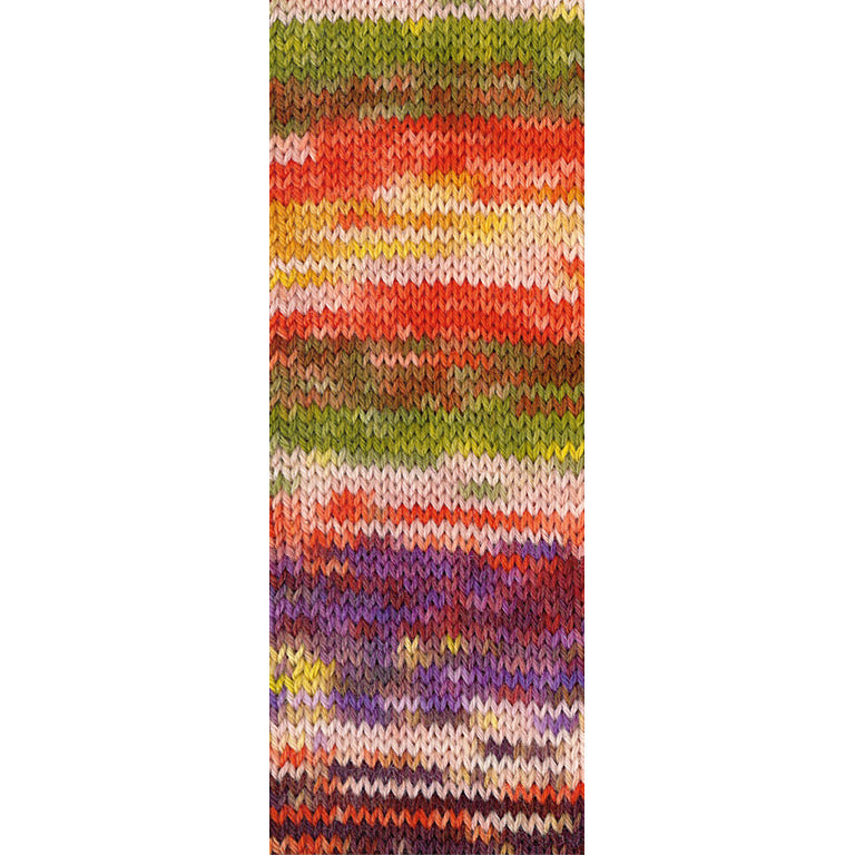Gebreide proeflap van Lana Grossa Meilenweit 100 Cascata 5204 met zichtbaar kleurverloop in Rood / Roze / Violet / Licht- / Donkerolijf / Geel / Oranje / Donkerrood / Mokka