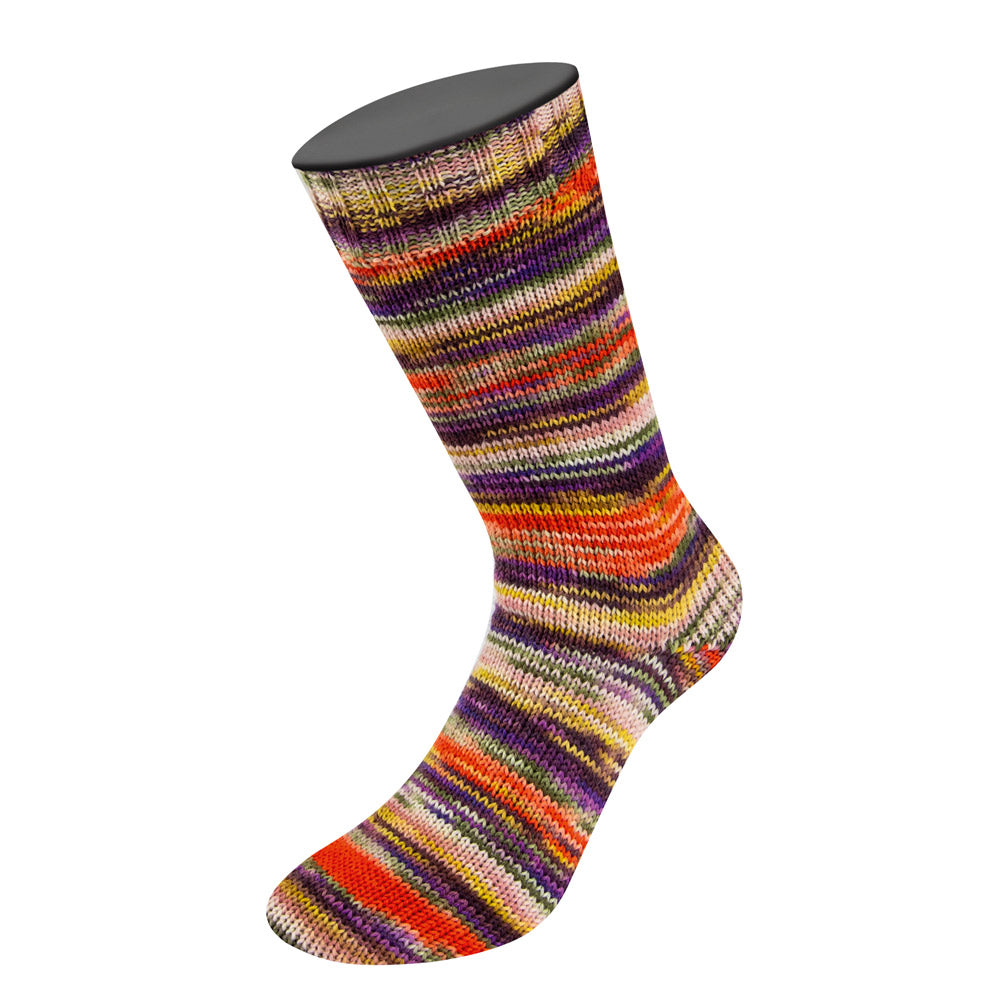 Gebreide sok van Lana Grossa Meilenweit 100 Cascata 5204 met zelfstrepende kleuren Rood / Roze / Violet / Licht- / Donkerolijf / Geel / Oranje / Donkerrood / Mokka