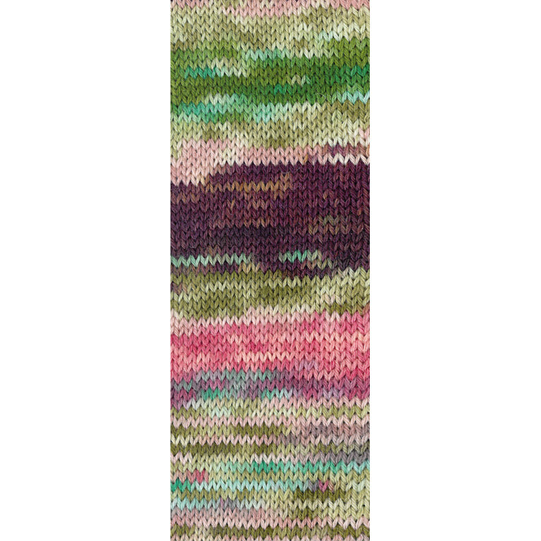 Gebreide proeflap van Lana Grossa Meilenweit 100 Cascata 5205 met zichtbaar kleurverloop in Mokka / Donker- / Grijsbruin / Roze / Zacht- / Linde- / Grijsgroen / Jade / Roze / Turquoise