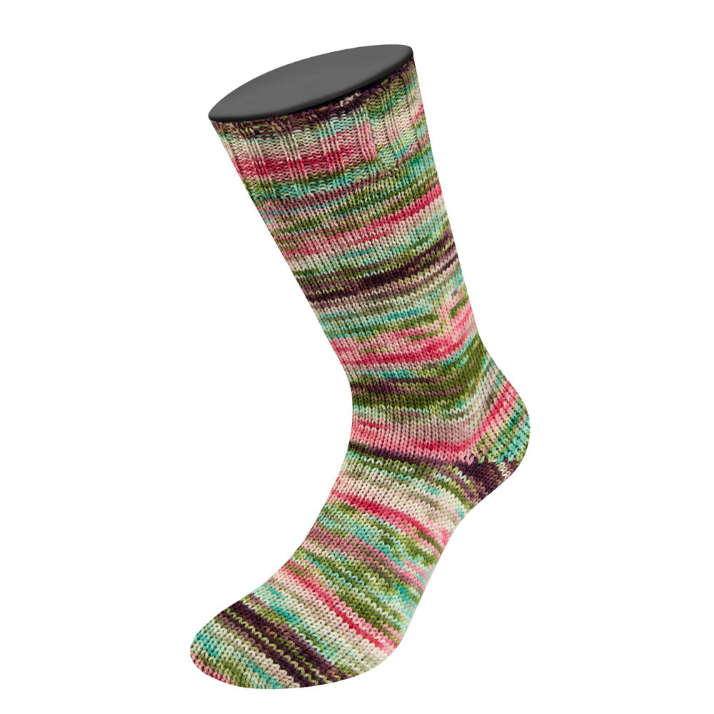 Gebreide sok van Lana Grossa Meilenweit 100 Cascata 5205 met zelfstrepende kleuren Mokka / Donker- / Grijsbruin / Roze / Zacht- / Linde- / Grijsgroen / Jade / Roze / Turquoise