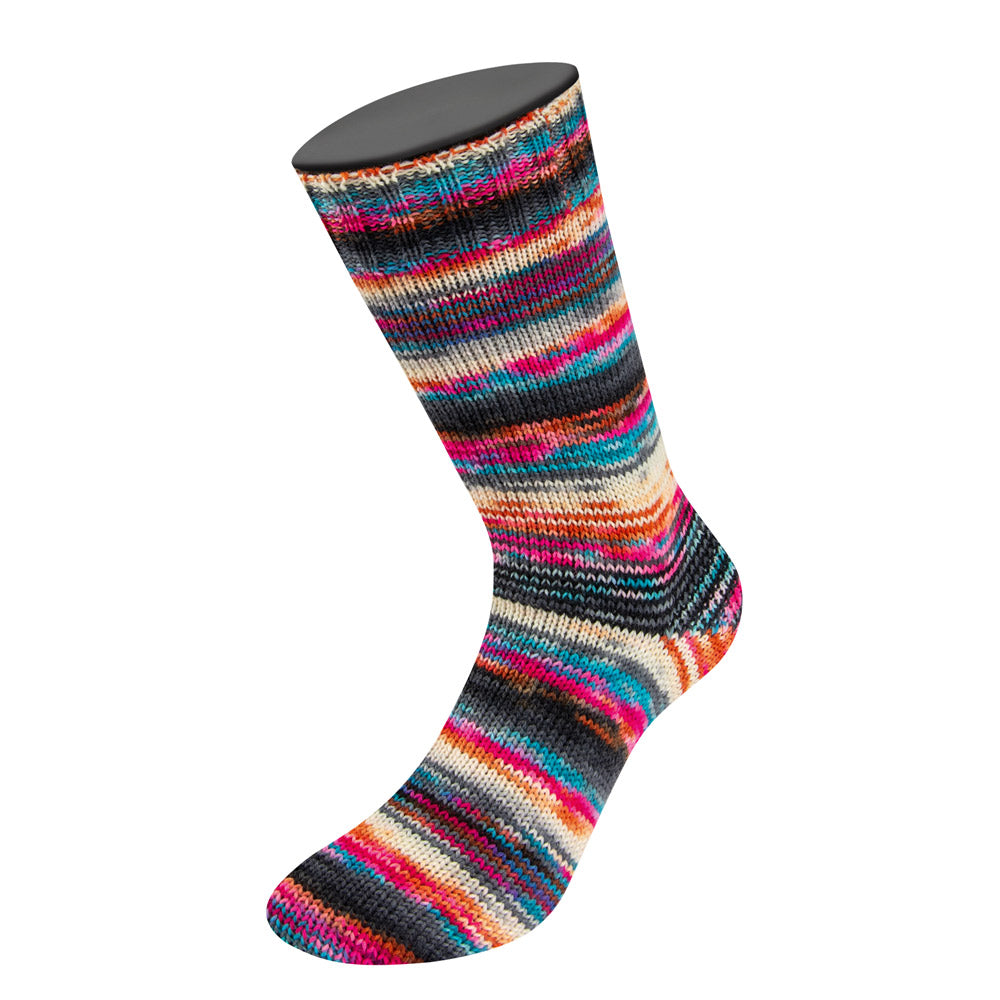 Gebreide sok van Lana Grossa Meilenweit 100 Cascata 5206 met zelfstrepende kleuren Zwart / Grijs / Licht- / Zilvergrijs / Oker / Bruin / Rood / Roze