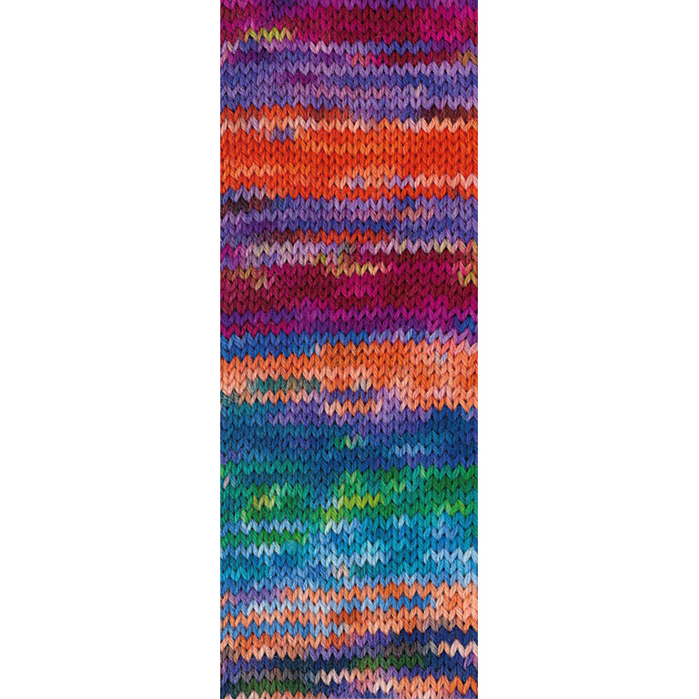 Gebreide proeflap van Lana Grossa Meilenweit 100 Cascata 5207 met zichtbaar kleurverloop in Donkerblauw / Licht- / Roestrood / Lichtblauw / Wijnrood / Fuchsia / Lila / Marine / Jade / Donkergroen / Pistache