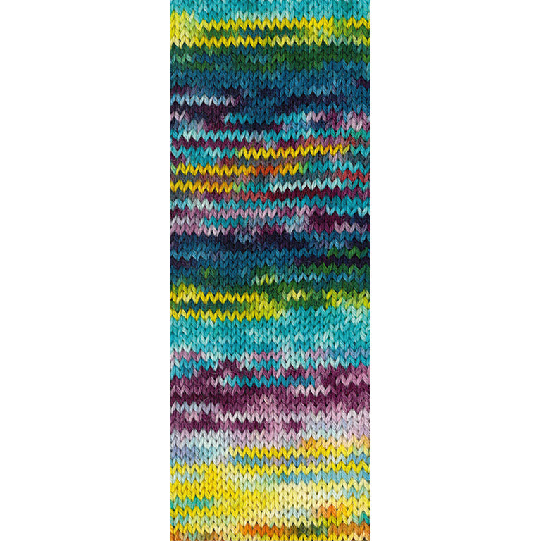 Gebreide proeflap van Lana Grossa Meilenweit 100 Cascata 5208 met zichtbaar kleurverloop in Oudroze / Braam / Turquoise / Lichtturquoise / Citroengeel / Donkergroen / Petrol / Nachtblauw / Geel / Roest